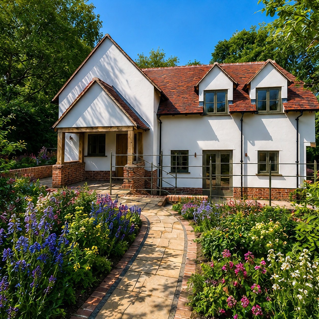 White cottage with brick accents and terracotta roof, flanked by flowering gardens including purple lavender and pink roses