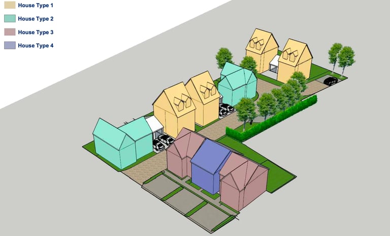 3D isometric diagram showing four types of residential houses with color-coded legend and landscaping elements along a street