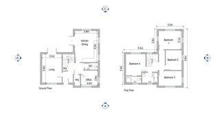 Two-floor architectural floor plan showing ground floor with living areas and kitchen, and first floor with bedrooms and bathrooms layout