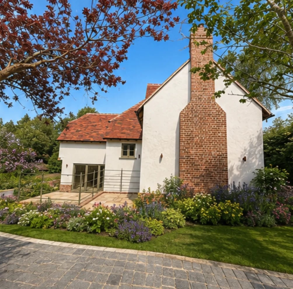 Modern cottage with white walls, brick chimney, and glass extension, surrounded by flowering garden beds and paved pathway under clear blue sky
