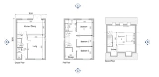 Architectural floor plans showing ground floor, first floor, and second floor layouts with room labels and dimensions