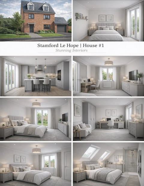 Stamford Le Hope House #1 showcase with exterior brick home and interior design photos of bedrooms, kitchen, and living spaces