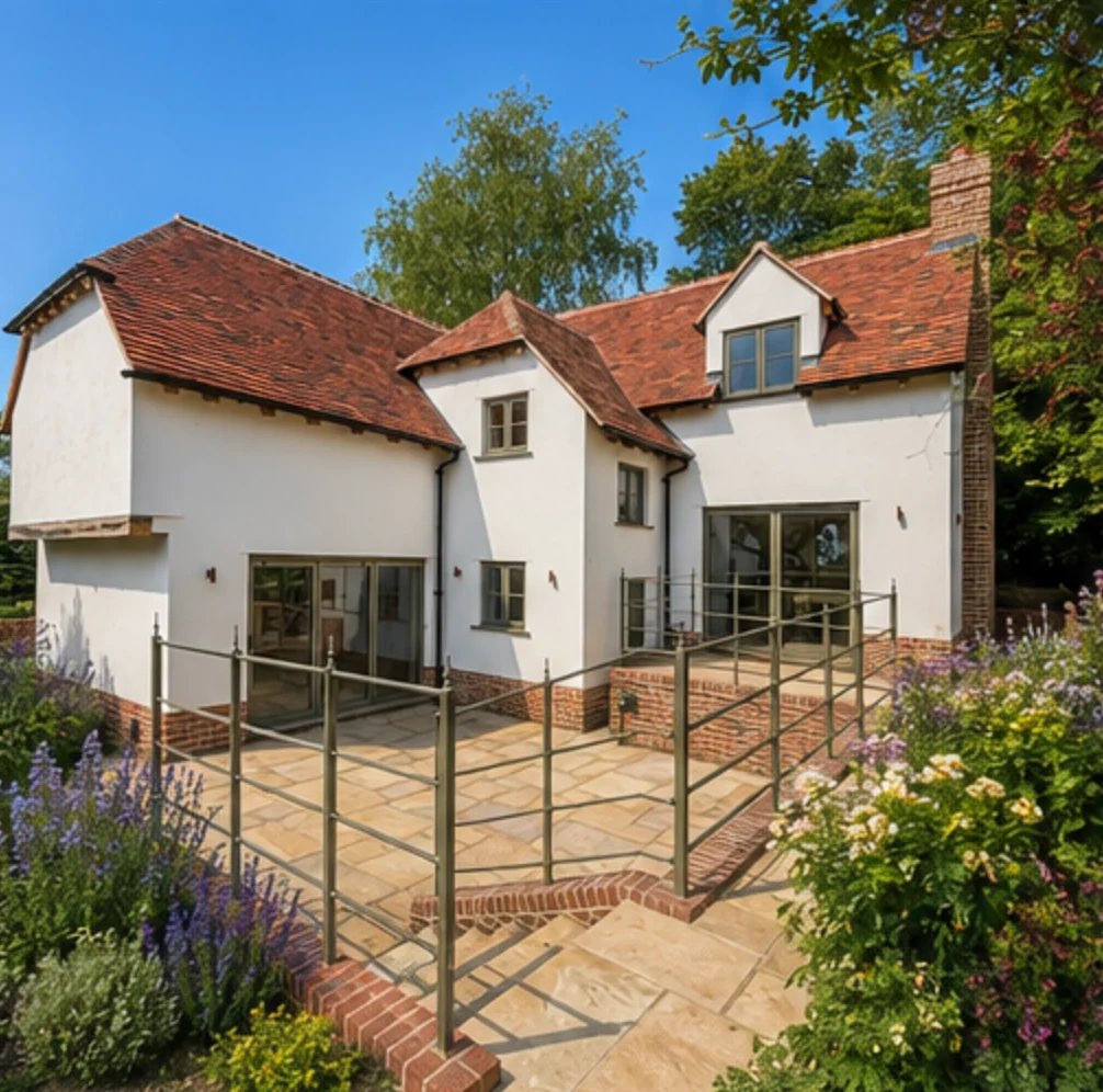 Modern white cottage with terracotta roof, brick chimney, and wooden deck railing surrounded by garden landscaping