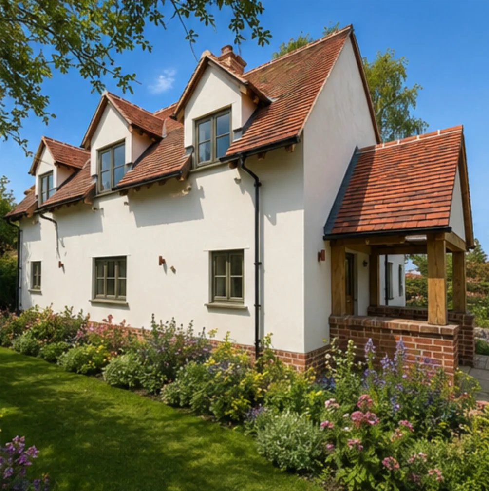 White cottage with terracotta roof and dormer windows surrounded by flowering garden and green lawn