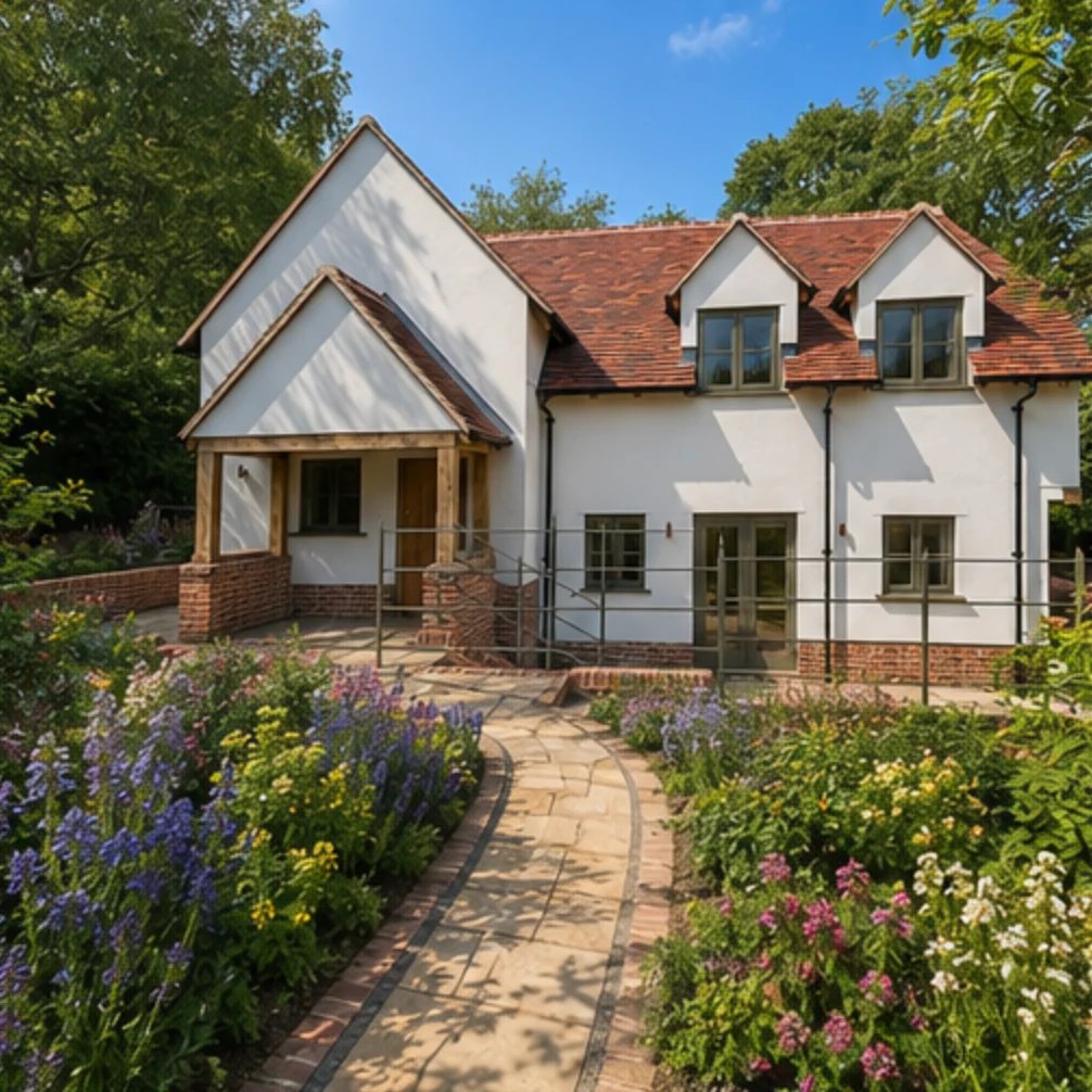 White cottage-style house with terracotta roof and brick details, surrounded by flowering gardens along a brick pathway