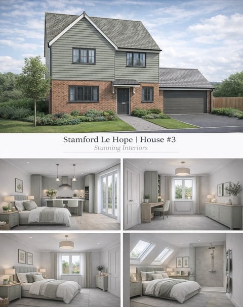 Stamford Le Hope House #3 featuring a two-story brick and siding home exterior and interior renderings of bedrooms and living spaces