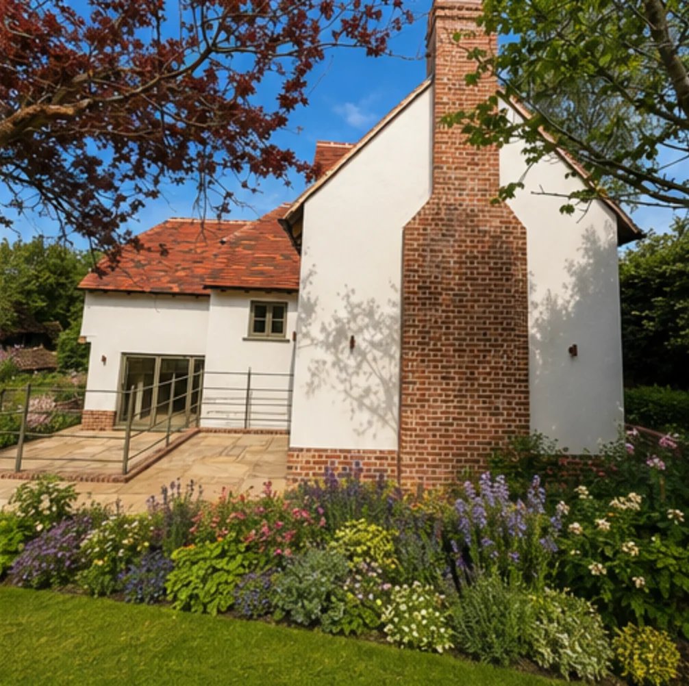 Modern cottage with white walls and brick chimney, wooden deck, purple flowering garden, clear blue sky, surrounded by green landscape