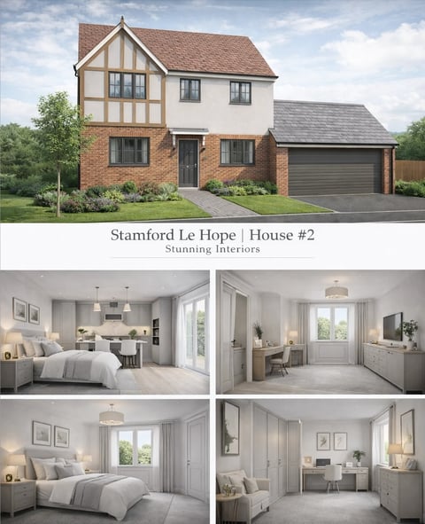 Stamford Le Hope House #2 exterior and interior design showcase with brick and timber facade, bedroom, bathroom, and living room layouts