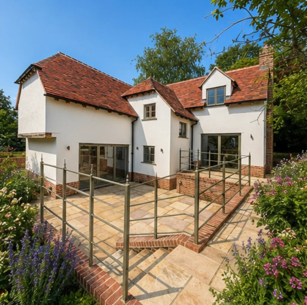 Modern white countryside cottage with terracotta roof tiles, brick accents, and metal railing patio surrounded by flowering plants