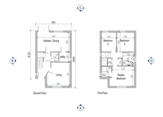Architectural floor plans showing ground floor and first floor layouts with rooms labeled including kitchen, bedrooms, and living spaces
